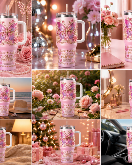 Dolly Parton 40oz Butterfly Tumbler with Handle and Straw – Pink Floral Insulated Travel Cup