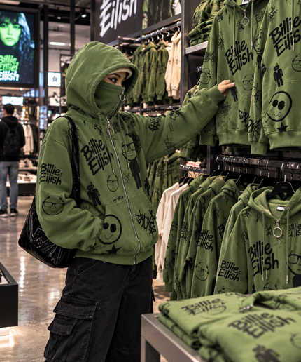 Olive Green Graphic Zip Up Hoodie