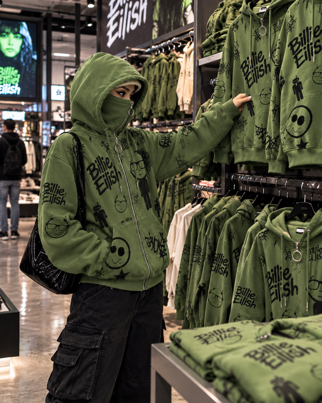 Olive Green Graphic Zip Up Hoodie