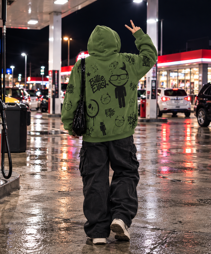 Olive Green Graphic Zip Up Hoodie