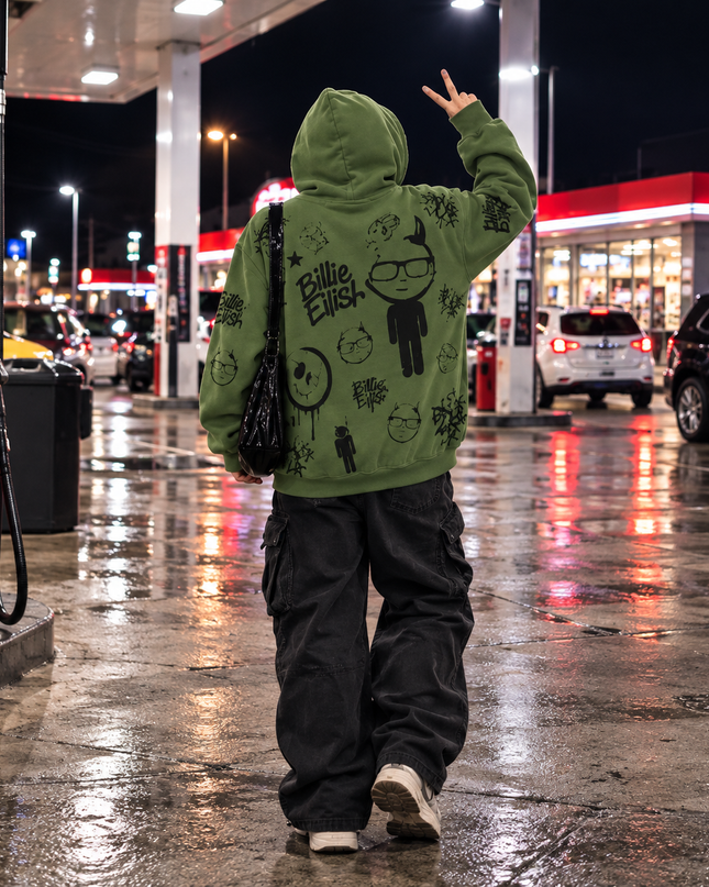Olive Green Graphic Zip Up Hoodie