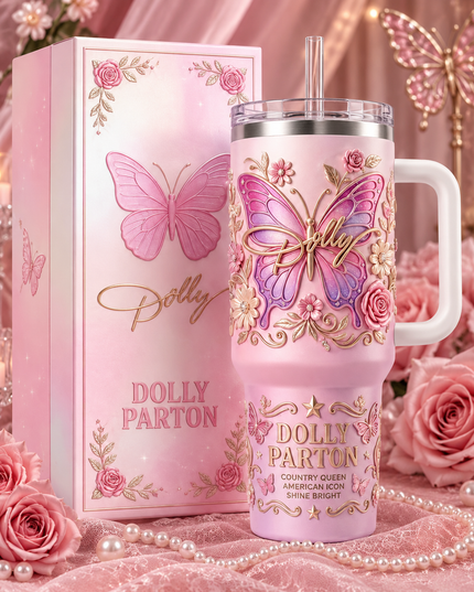 Dolly Parton 40oz Butterfly Tumbler with Handle and Straw – Pink Floral Insulated Travel Cup