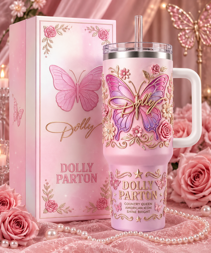 Dolly Parton 40oz Butterfly Tumbler with Handle and Straw – Pink Floral Insulated Travel Cup