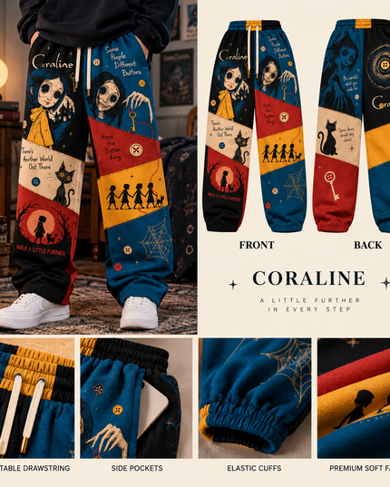 Coraline 3D Printed Jogger Pants – Button-Eye Gothic Graphic Sweatpants with Pockets