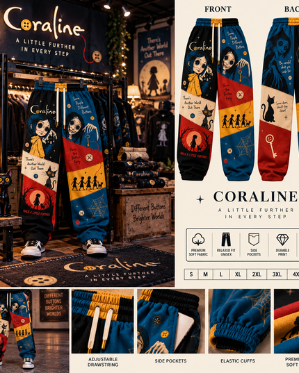 Coraline 3D Printed Jogger Pants – Button-Eye Gothic Graphic Sweatpants with Pockets