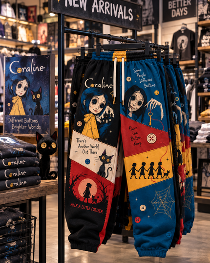 Coraline 3D Printed Jogger Pants – Button-Eye Gothic Graphic Sweatpants with Pockets