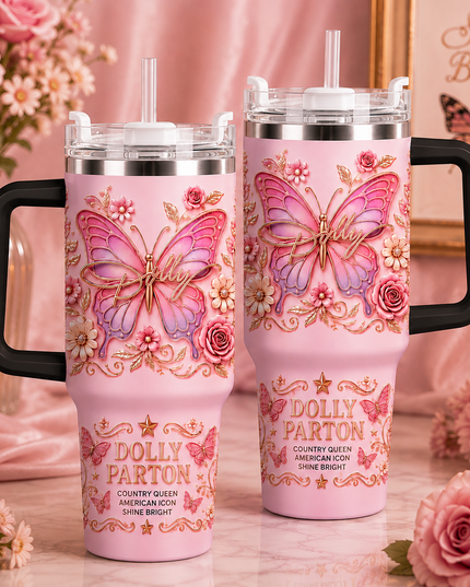 Dolly Parton 40oz Butterfly Tumbler with Handle and Straw – Pink Floral Insulated Travel Cup