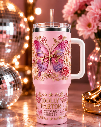 Dolly Parton 40oz Butterfly Tumbler with Handle and Straw – Pink Floral Insulated Travel Cup