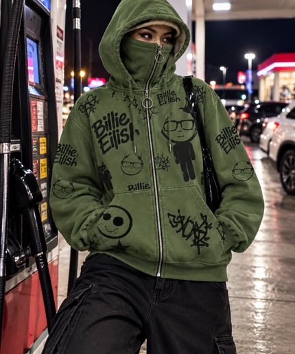 Olive Green Graphic Zip Up Hoodie