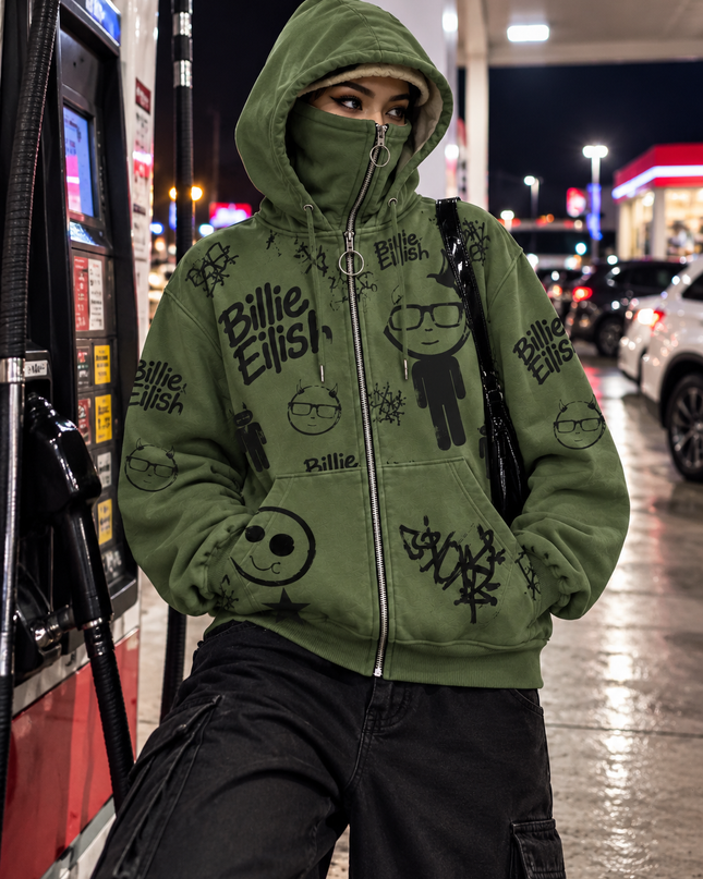 Olive Green Graphic Zip Up Hoodie