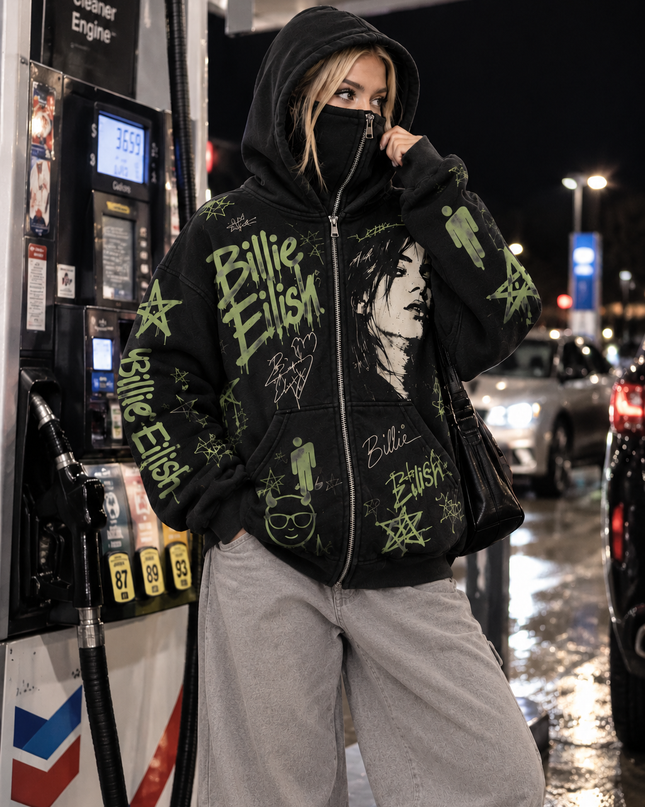 Billie Eilish Blohsh Graffiti Balaclava Zip-Up Hoodie