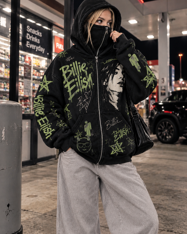 Billie Eilish Blohsh Graffiti Balaclava Zip-Up Hoodie