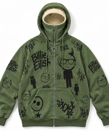 Olive Green Graphic Zip Up Hoodie