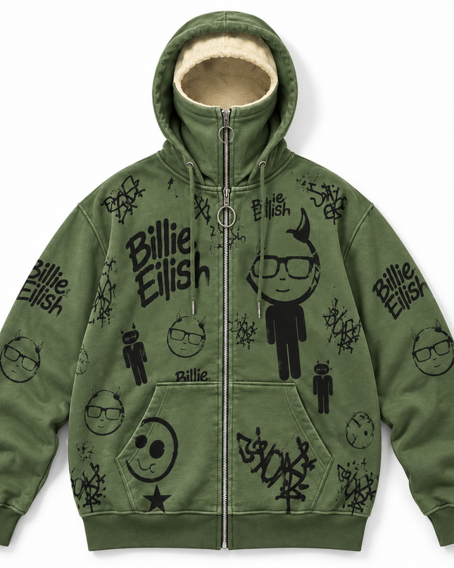 Olive Green Graphic Zip Up Hoodie