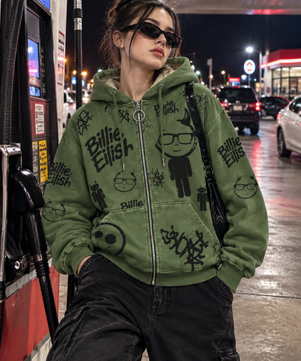 Olive Green Graphic Zip Up Hoodie