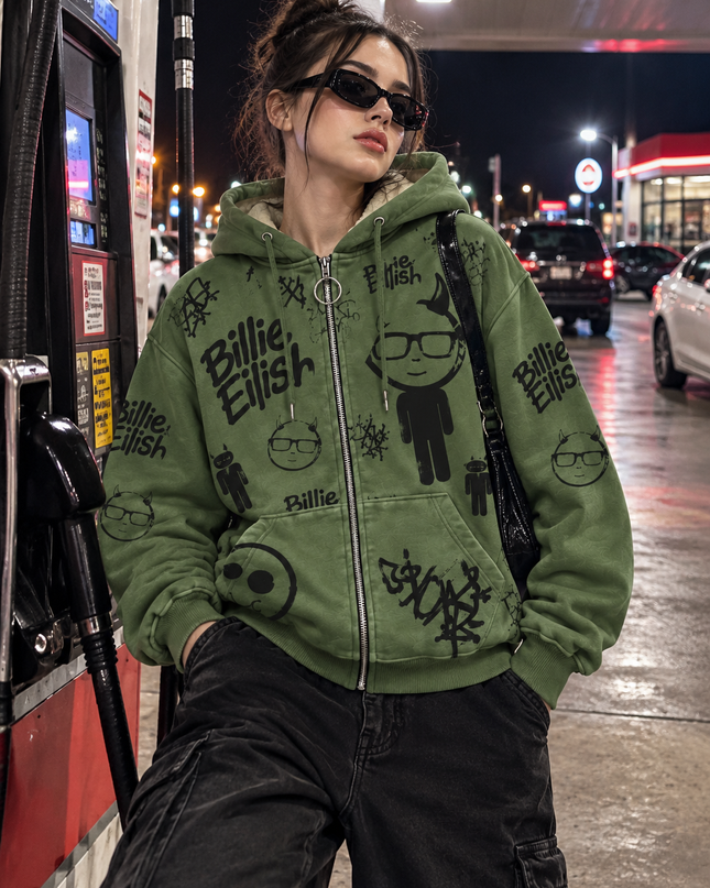 Olive Green Graphic Zip Up Hoodie